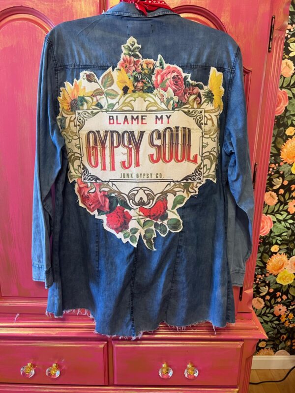Lighweight Denim Jacket/Dress with Bandana and Appliqued Saying - Image 2