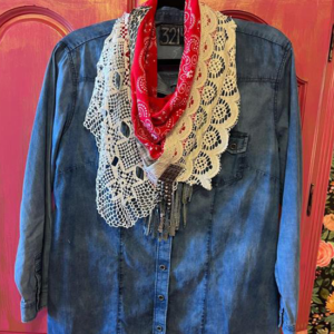 Lighweight Denim Jacket/Dress with Bandana and Appliqued Saying