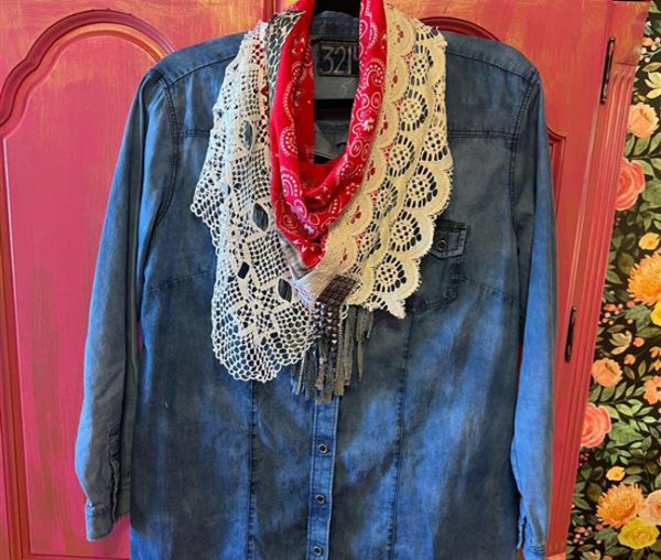 Lighweight Denim Jacket/Dress with Bandana and Appliqued Saying