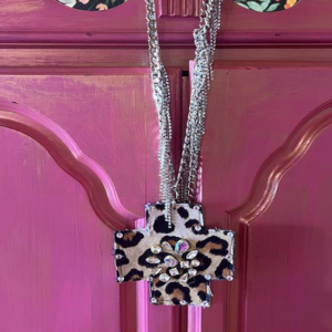 Leopard and rhinestone cross with rhinestone chain