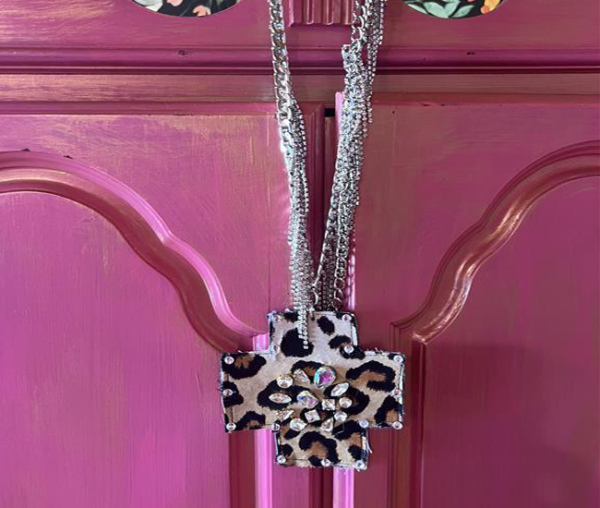 Leopard and rhinestone cross with rhinestone chain